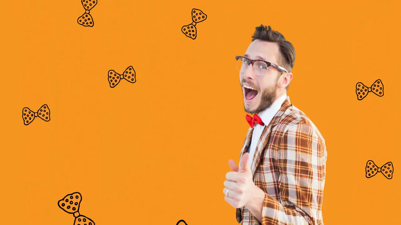 Animation of happy caucasian man over orange background with falling bow ties