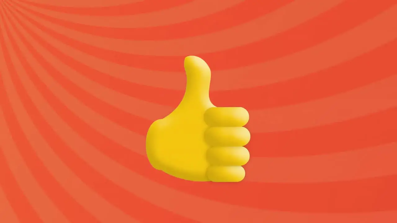 Animation of thumbs up icon against radial rays in seamless pattern on orange background