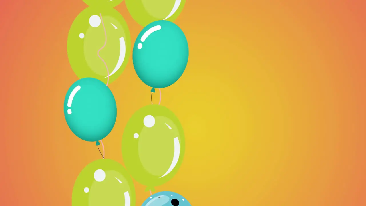 Animation of green balloons with copy space on orange background