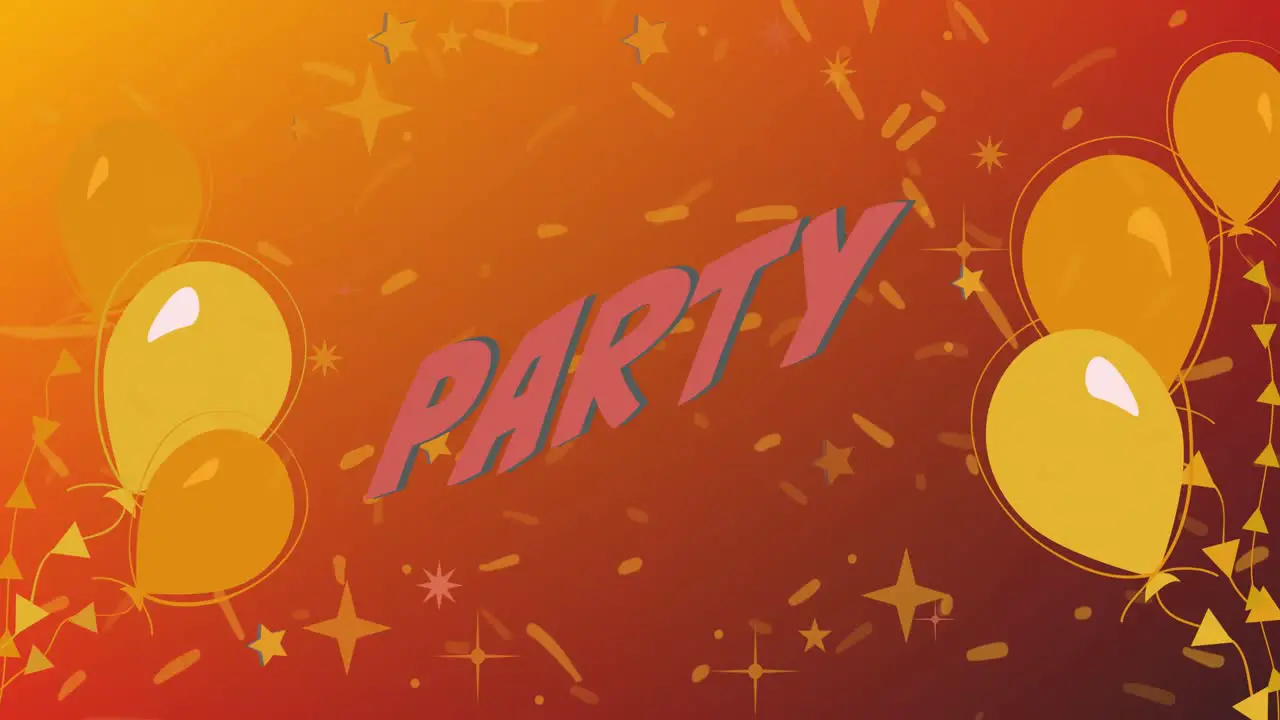 Animation of happy party text in red with yellow balloons on orange background