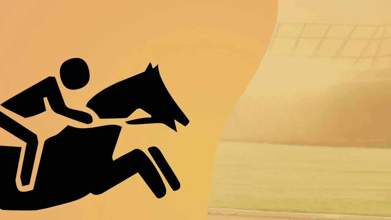 Animation of black jockey on horse riding over orange background