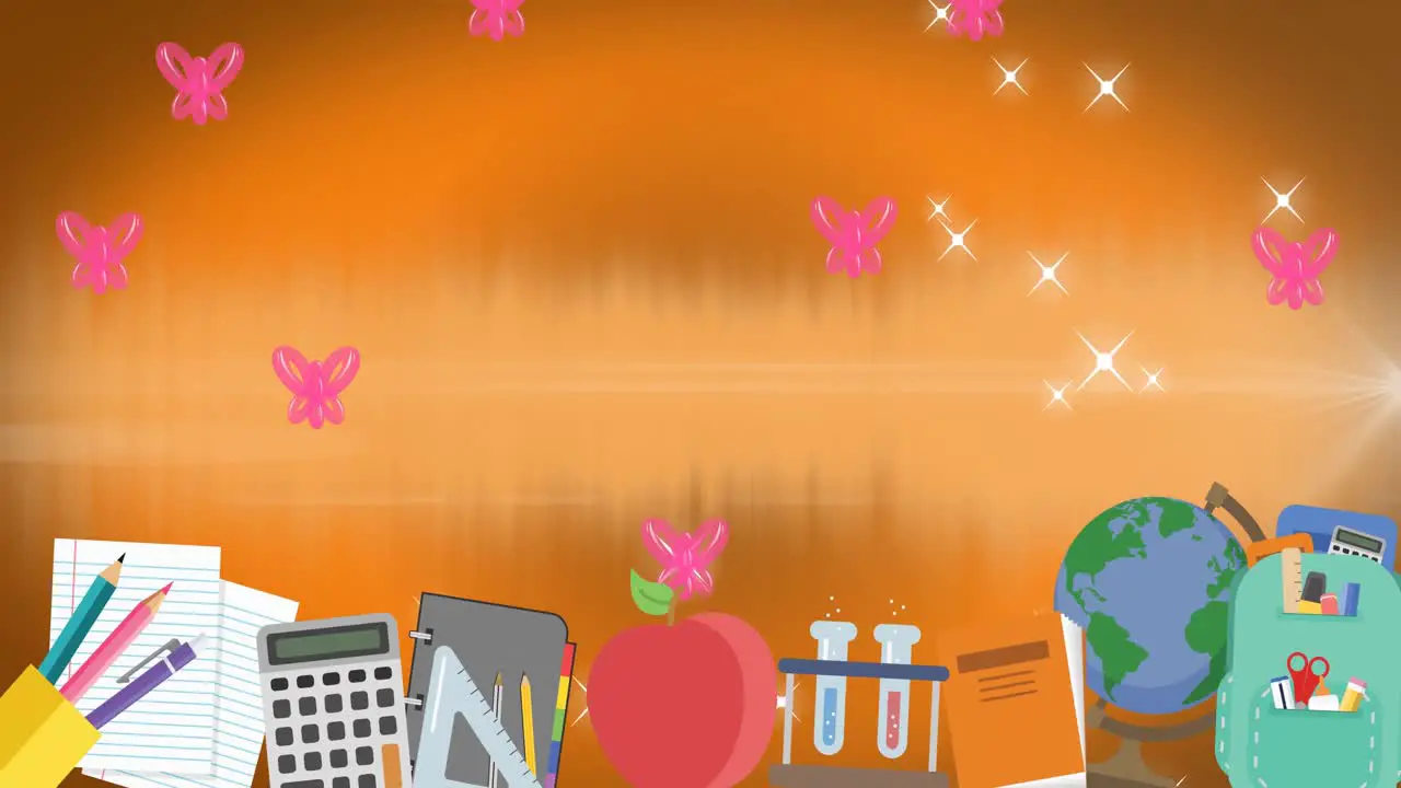 Multiple school items over pink balloons and shining stars with copy space on orange background