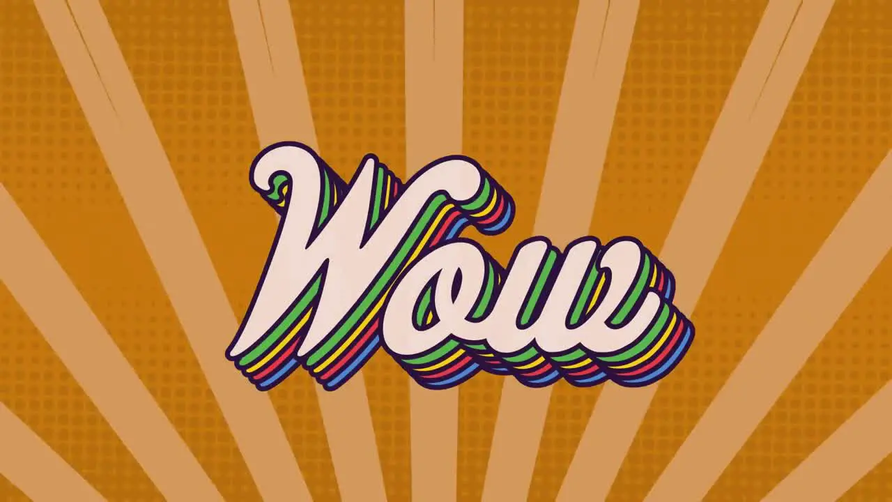 Animation of wow text in colourful letters on orange background