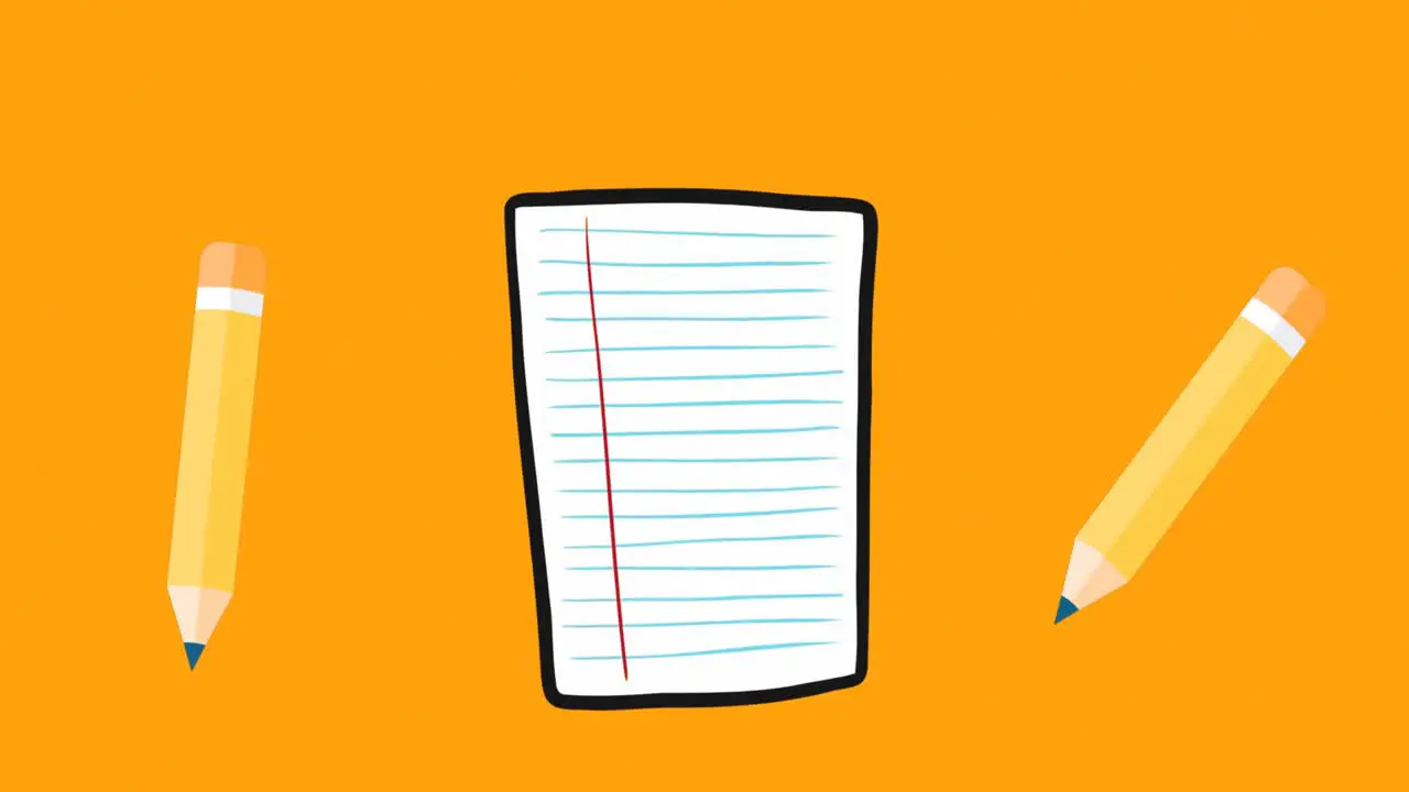 Animation of notebook and pencils school icons on orange background