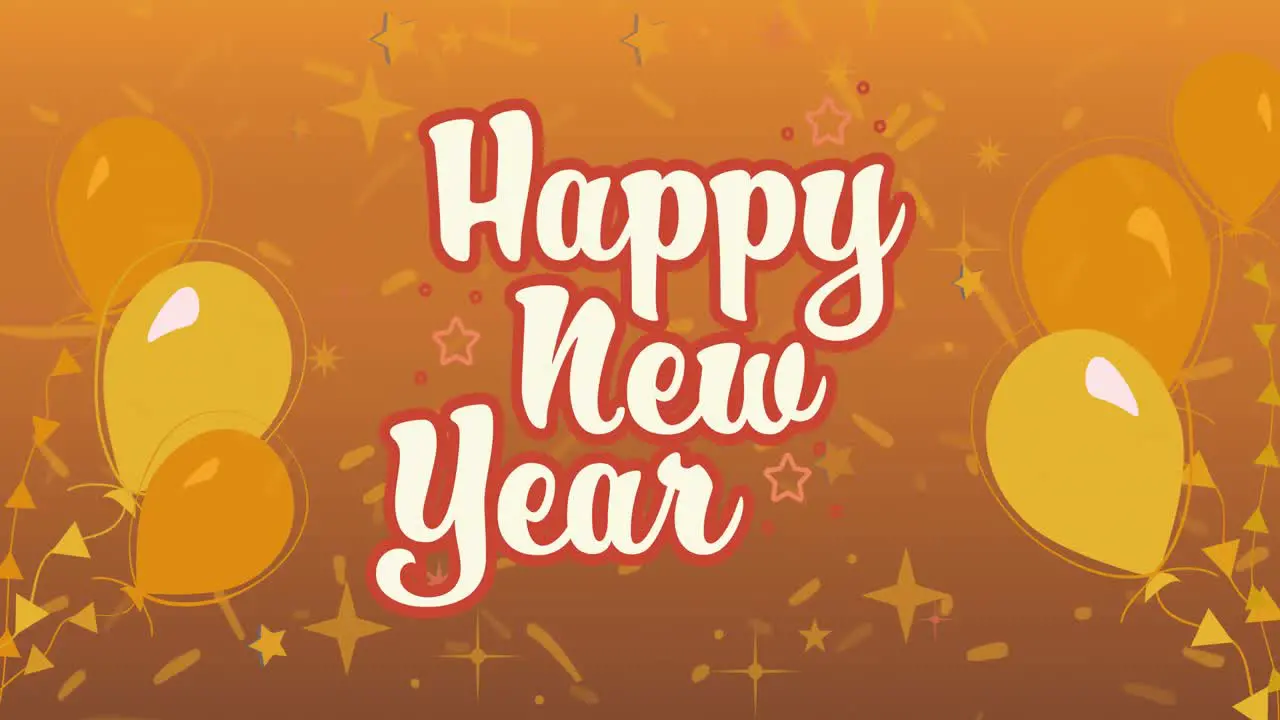 Animation of happy new year text in cream and red with yellow balloons on orange background