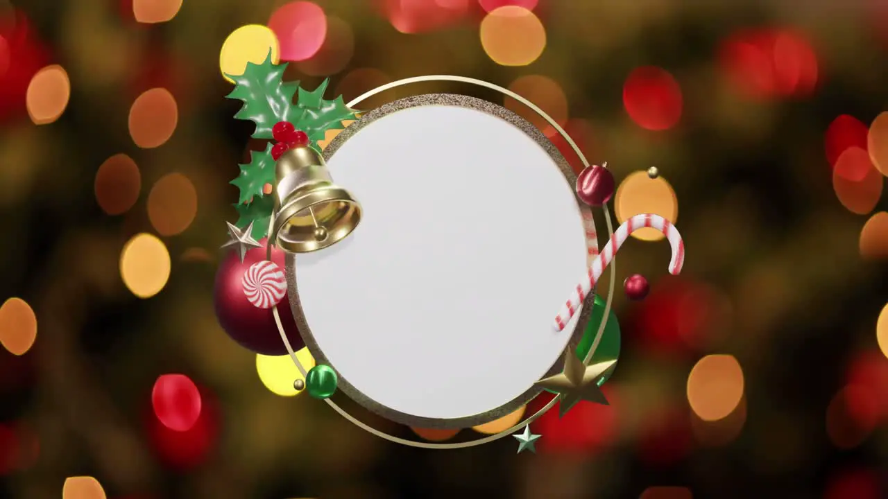 Animation of christmas decorations around blank white circular sign over red and orange lights