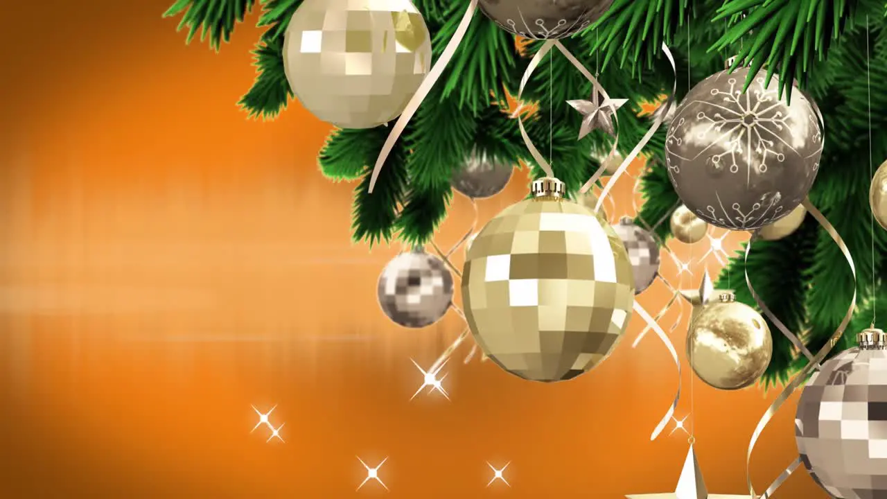 Animation of baubles and stars on christmas trees against orange background