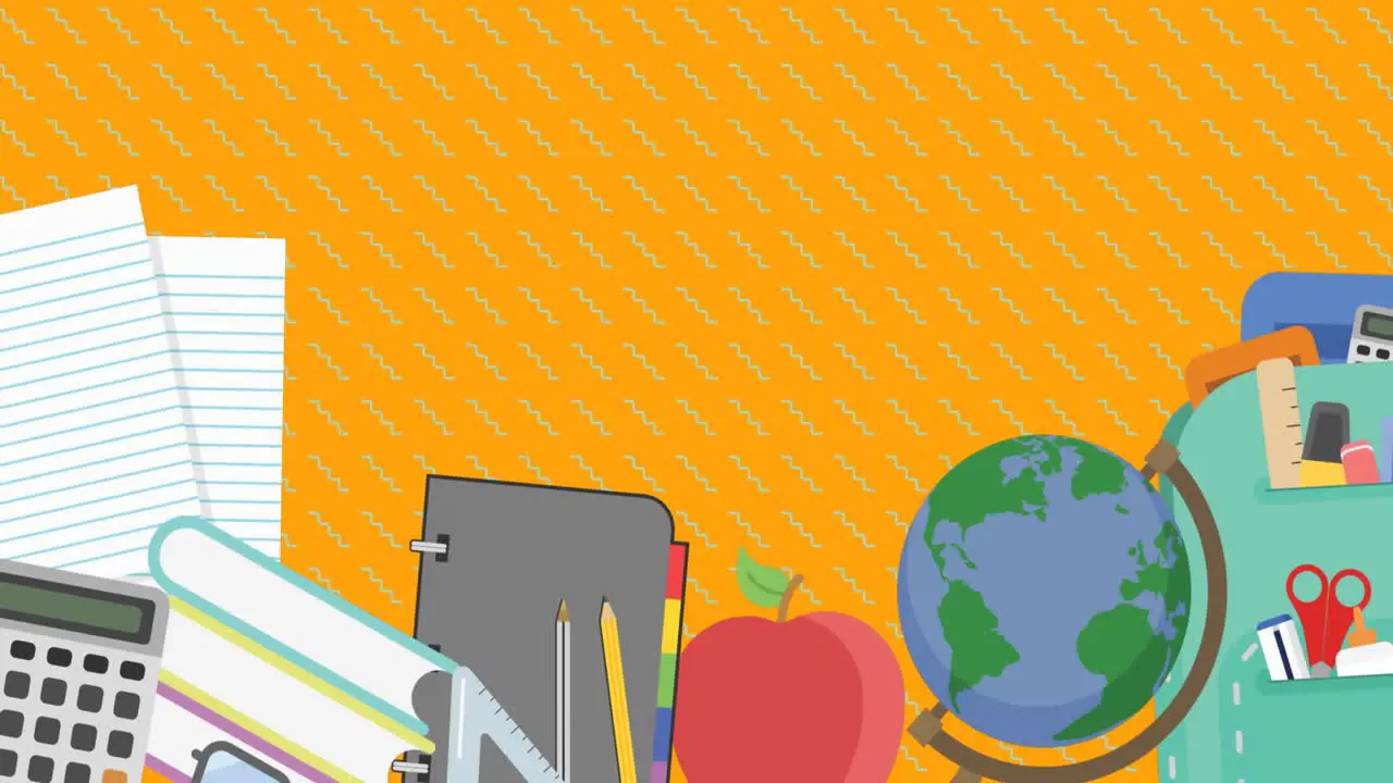 Animation of school icons and copy space on orange background