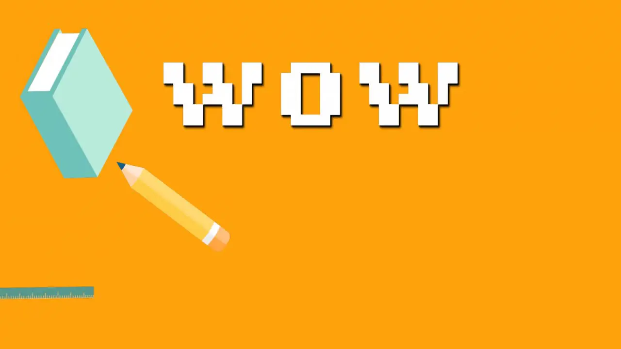 Animation of wow text and pencil school icons over orange background