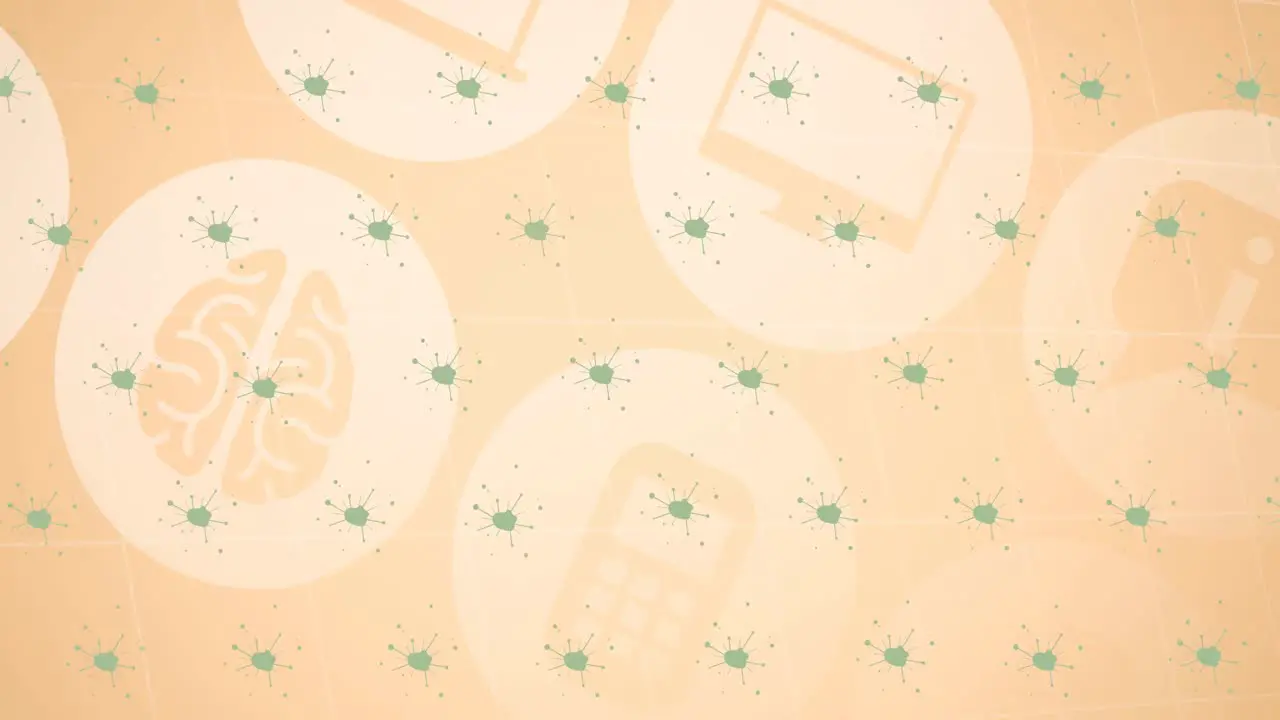 Animation of covid 19 virus cells over digital icons on orange background