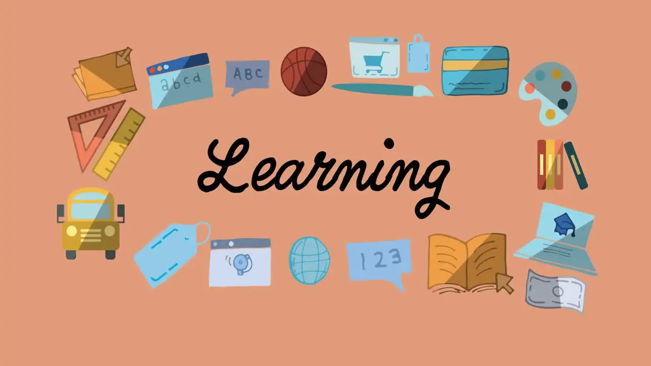 Animation of learning text and school items icons on orange background