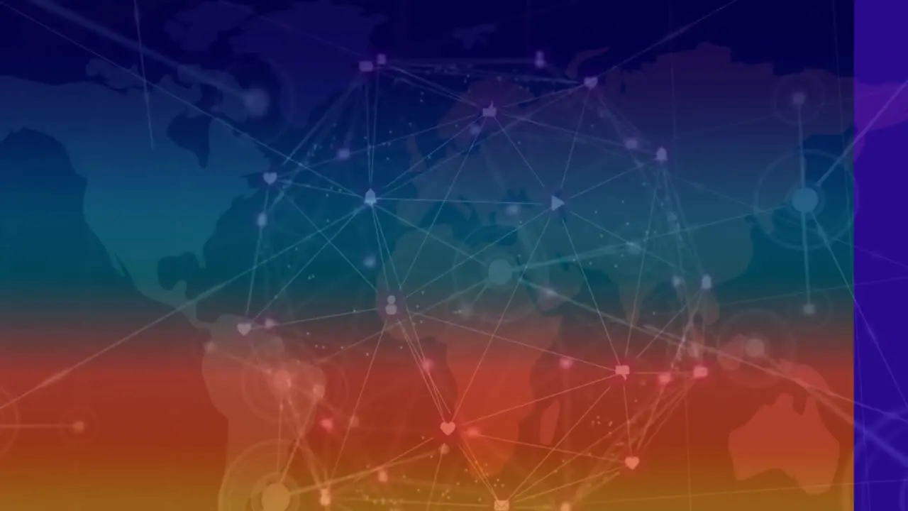 Animations of network of connections and world map on blue and orange background