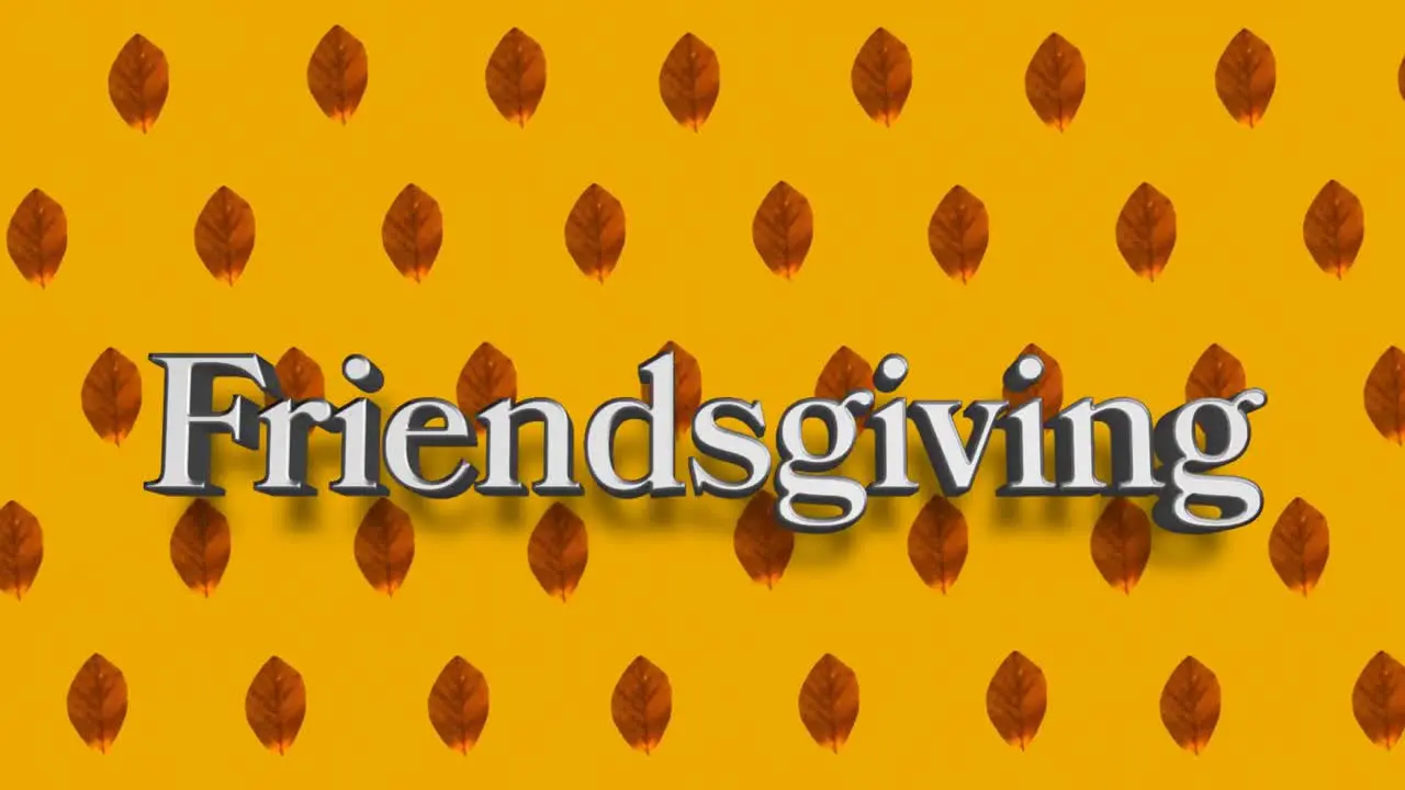 Animation of friendsgiving text over red autumn leaves on orange background