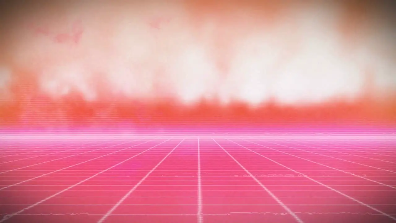 Digital animation of pink grid network against copy space on orange background