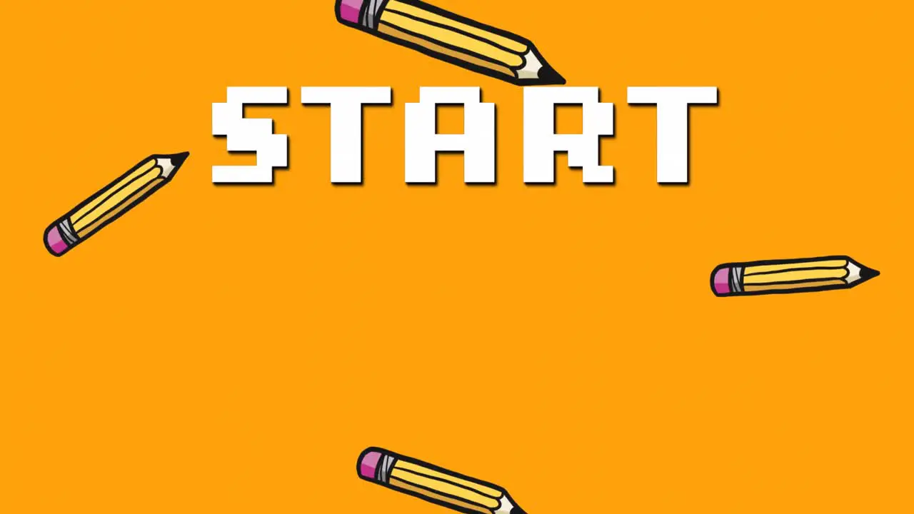 Animation of start text and pencil school icons over orange background