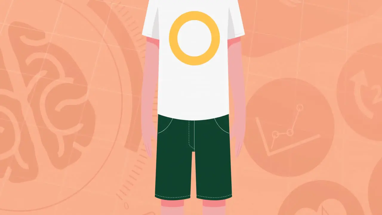 Animation of boy wearing face mask icon over digital icons on orange background