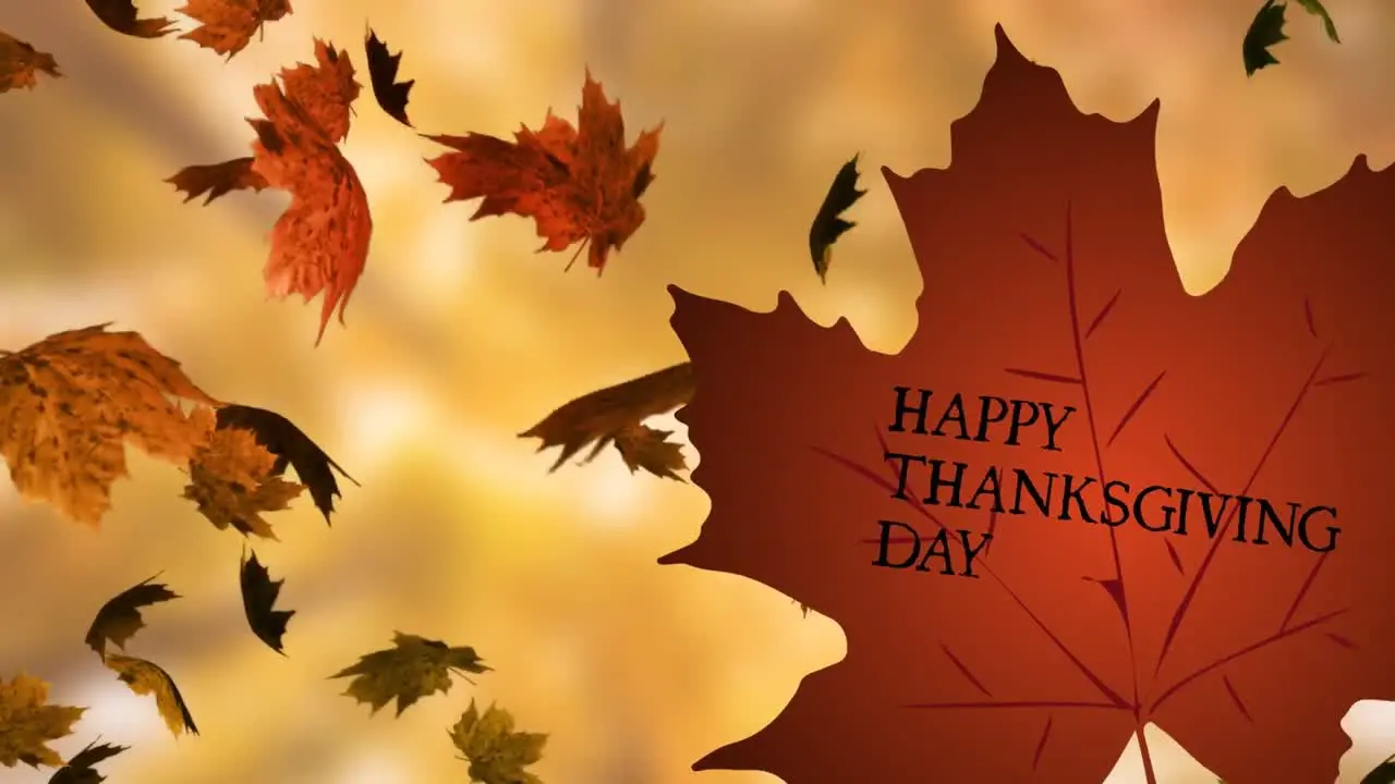 Animation of happy thanksgiving day text over autumn leaf on orange background