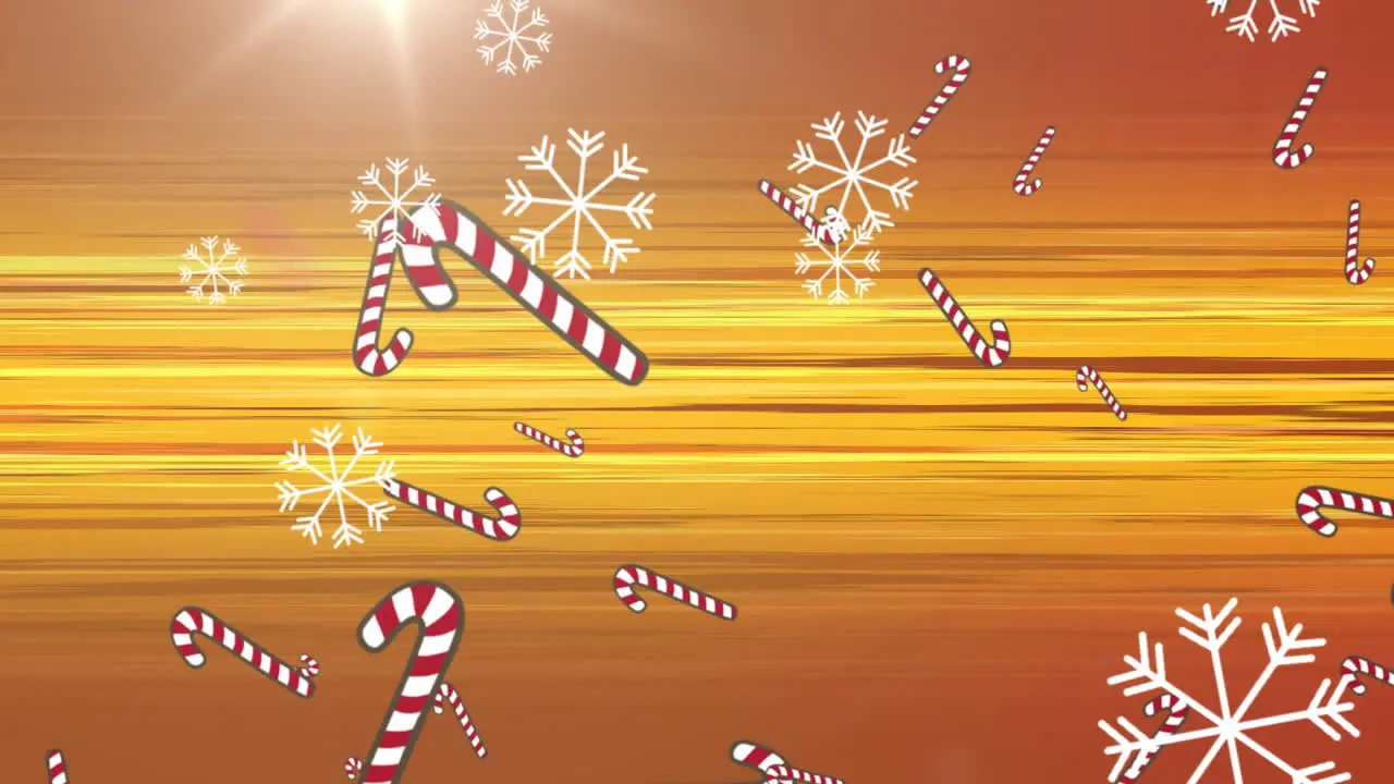 Animation of candy cane and snow falling over glowing rays on orange background