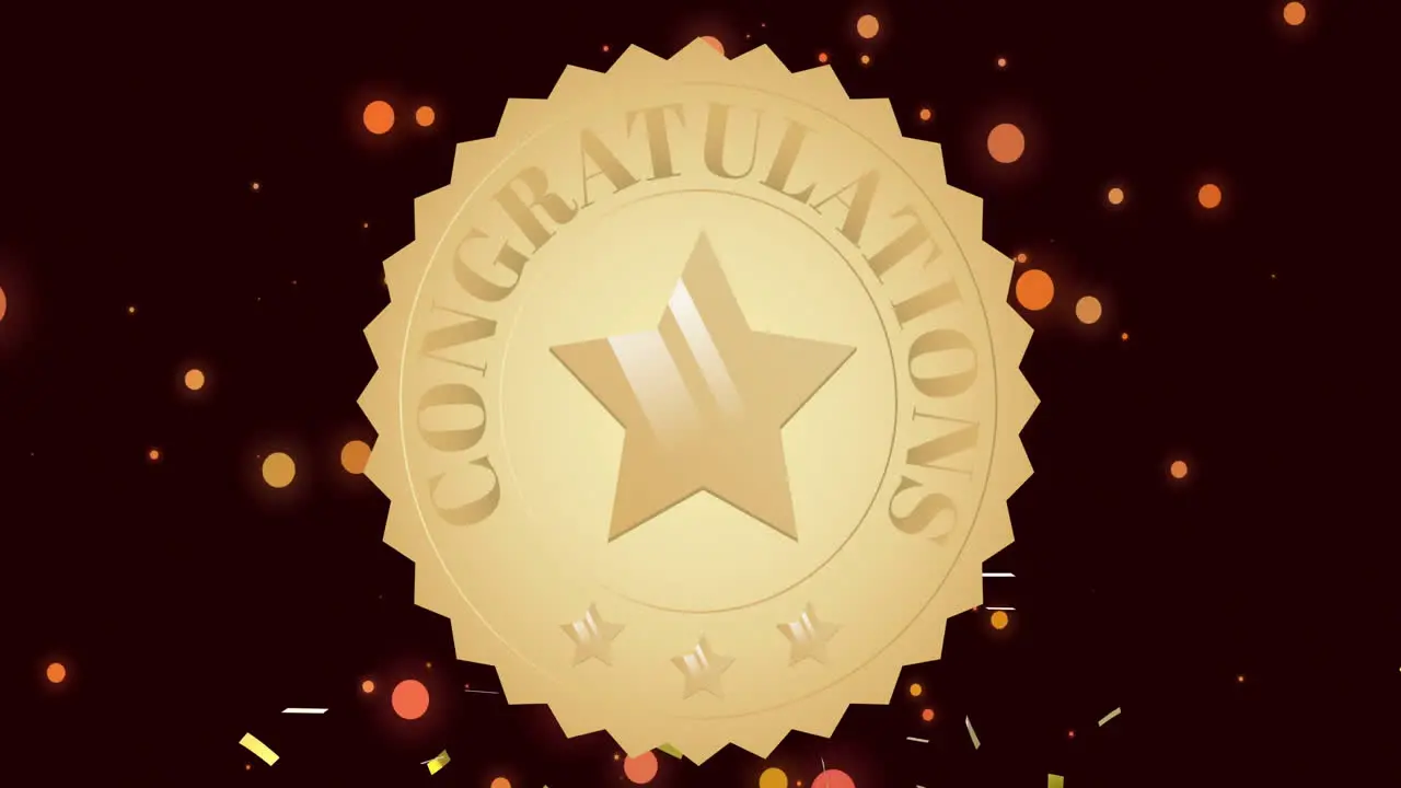 Animation of congratulations text and star on gold medal over confetti and orange light spots