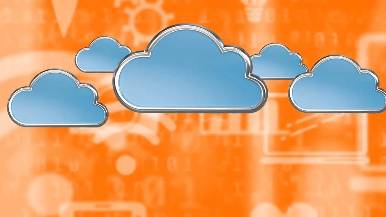 Animation of wifi and online icons and digital blue clouds on orange background