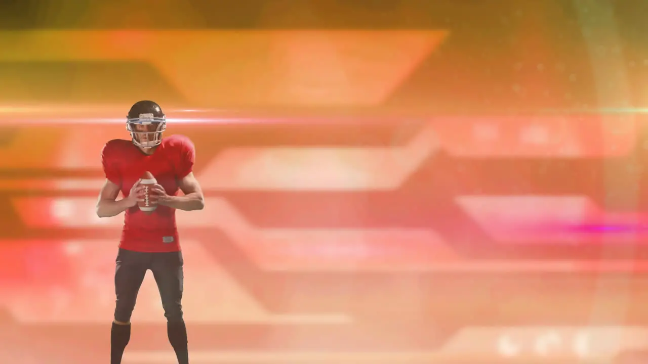 Animation of american football player in helmet holding ball over glowing orange background