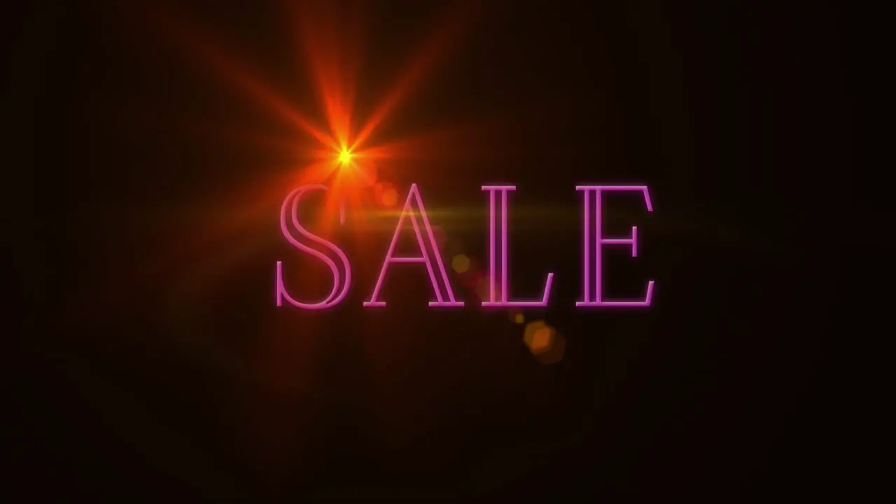 Animation of pink neon sale text with orange light on black background