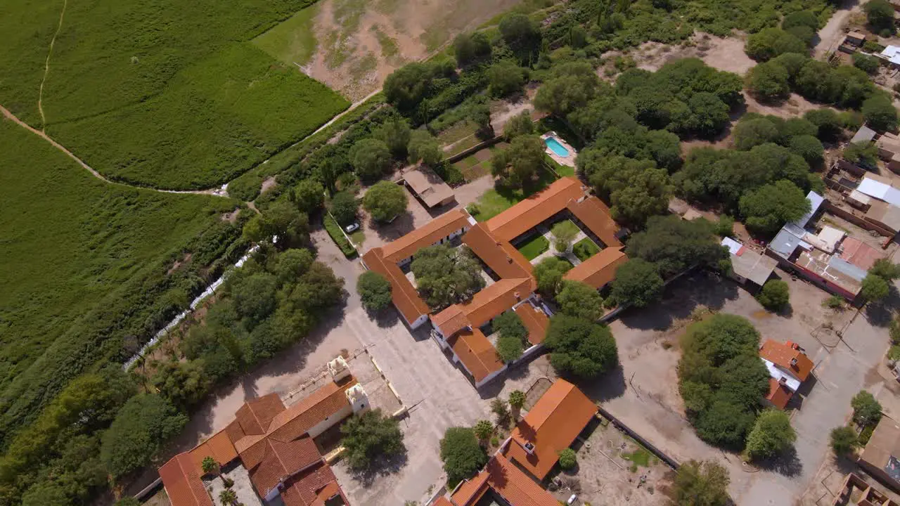 Drone shot flying over the Hacienda de Molinos in Salta Argentina while panning up