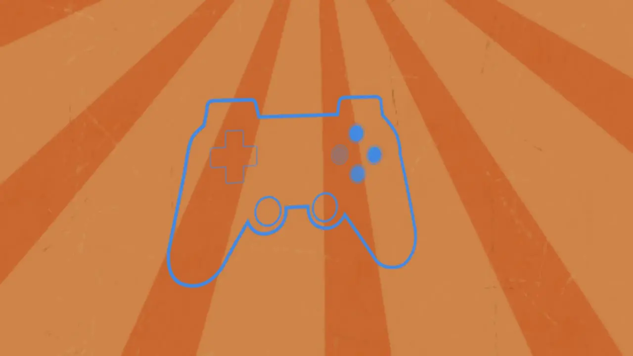 Animation of blue gaming console over sunburst against orange background