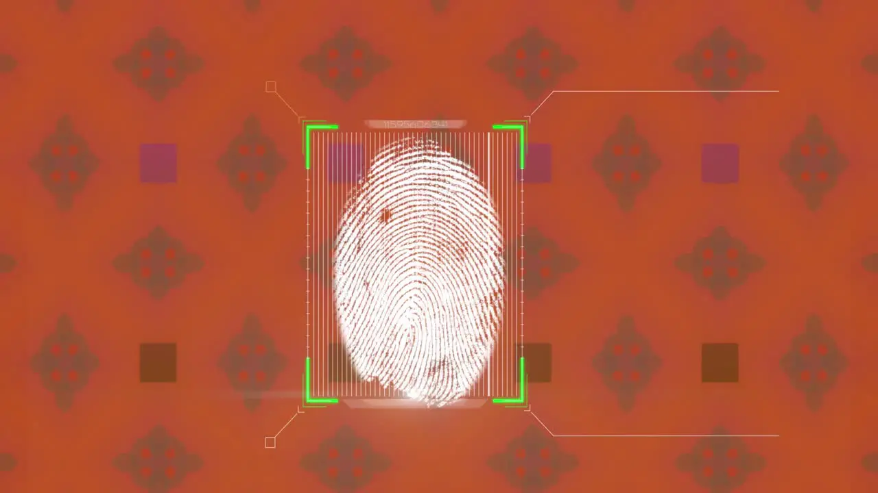 Animation of biometric fingerprint and pattern moving on seamless loop on orange background