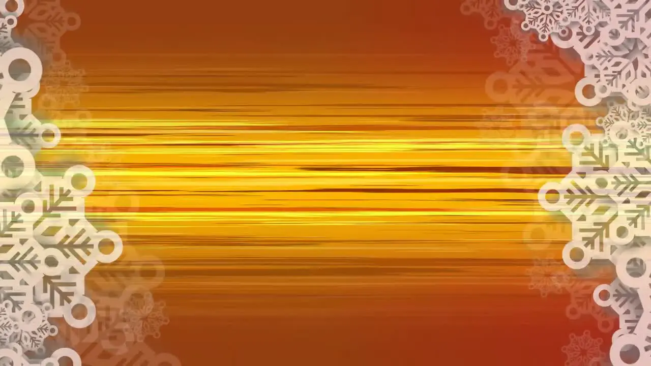 Digital animation of snowflakes pattern against yellow light trails on orange background