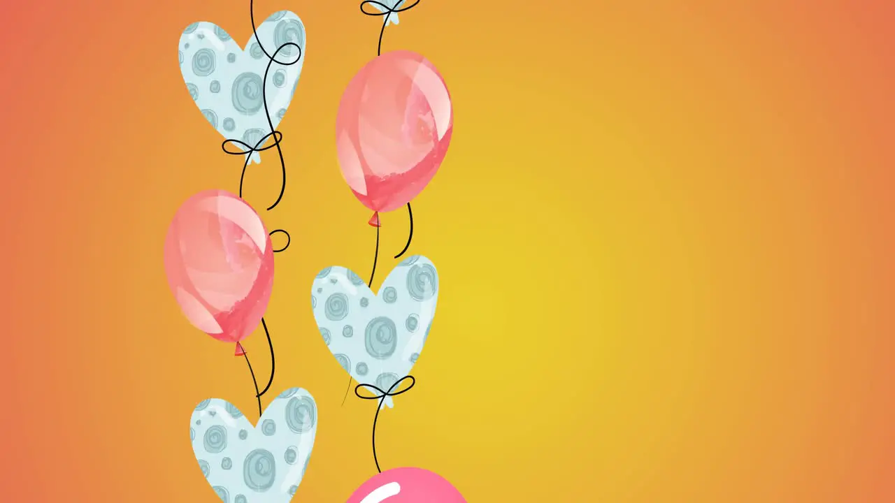 Animation of pink balloons and hearts with copy space on orange background