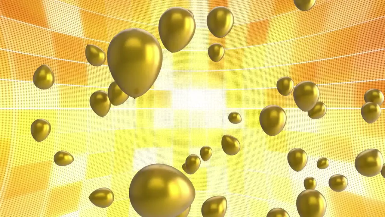 Animation of gold balloons moving flashing yellow and orange wall of lights