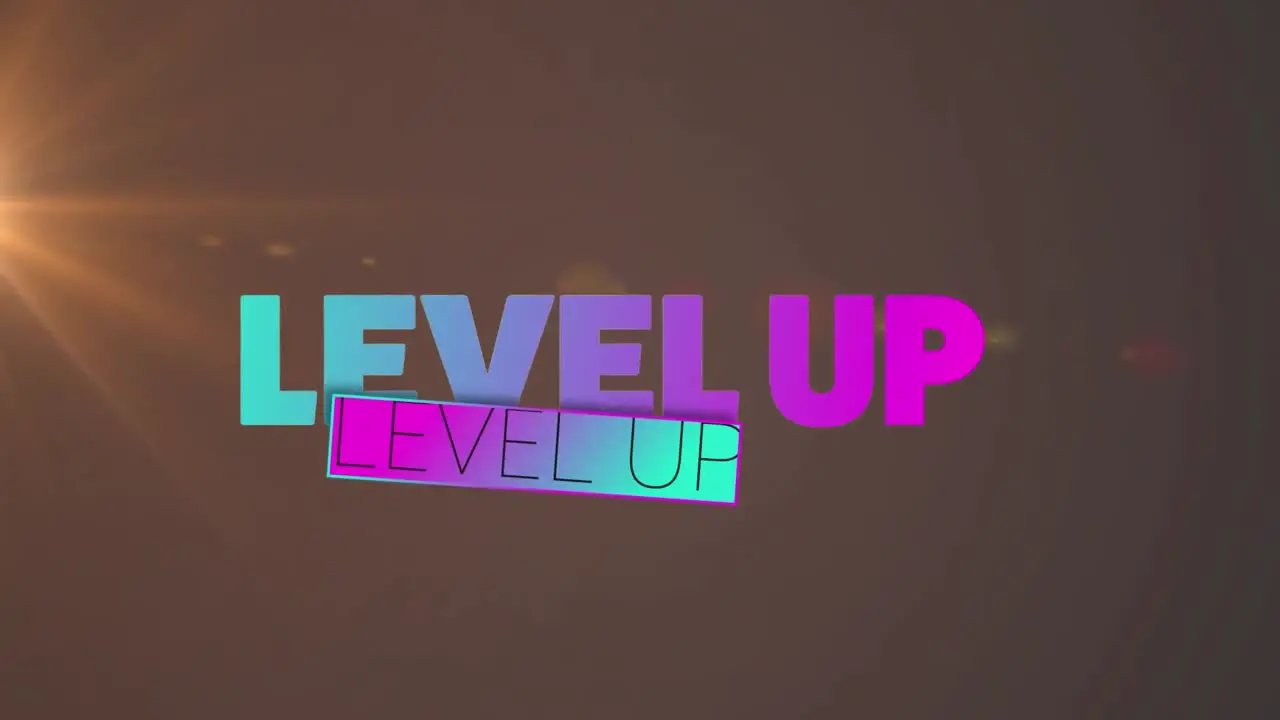 Animation of purple gradient level up text banner and orange light spot against grey background