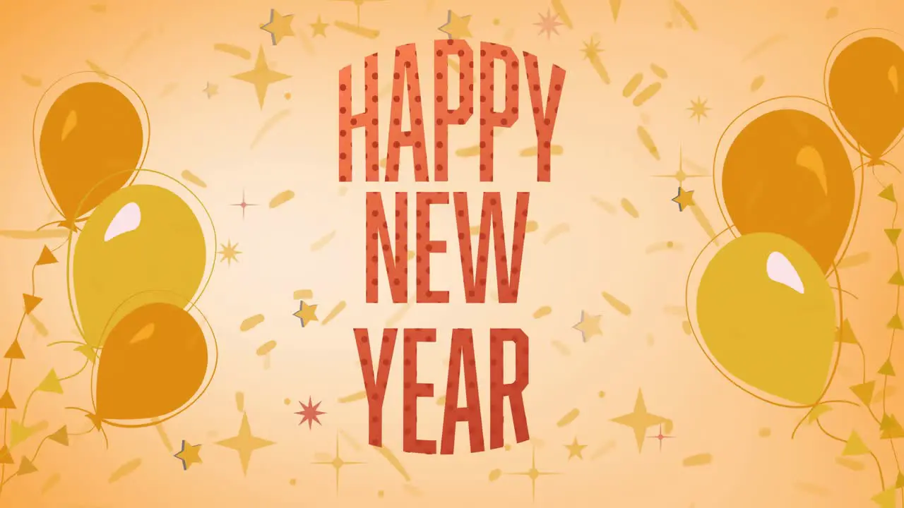 Animation of happy new year text spotted red letters with yellow balloons on orange background