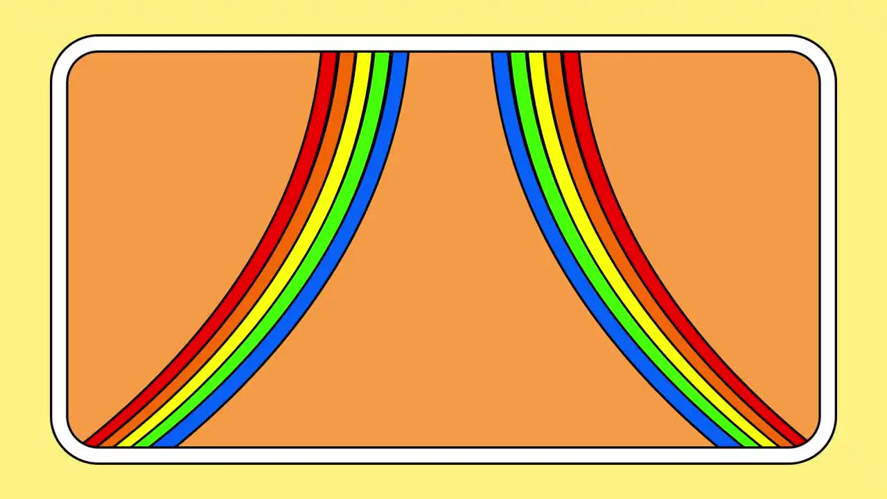 Animation of two sets of rainbow stripes moving on orange background with white and yellow frame