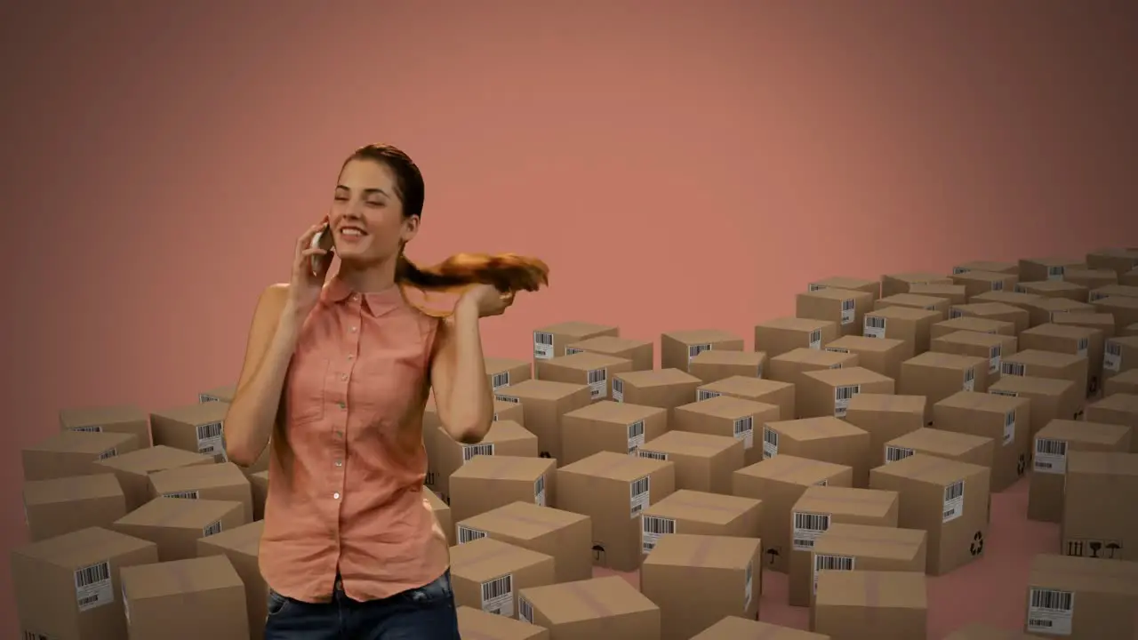 Animation of woman talking on smartphone with boxes on orange background