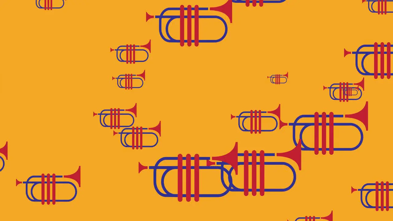 Animation of blue and red trumpets moving over orange background