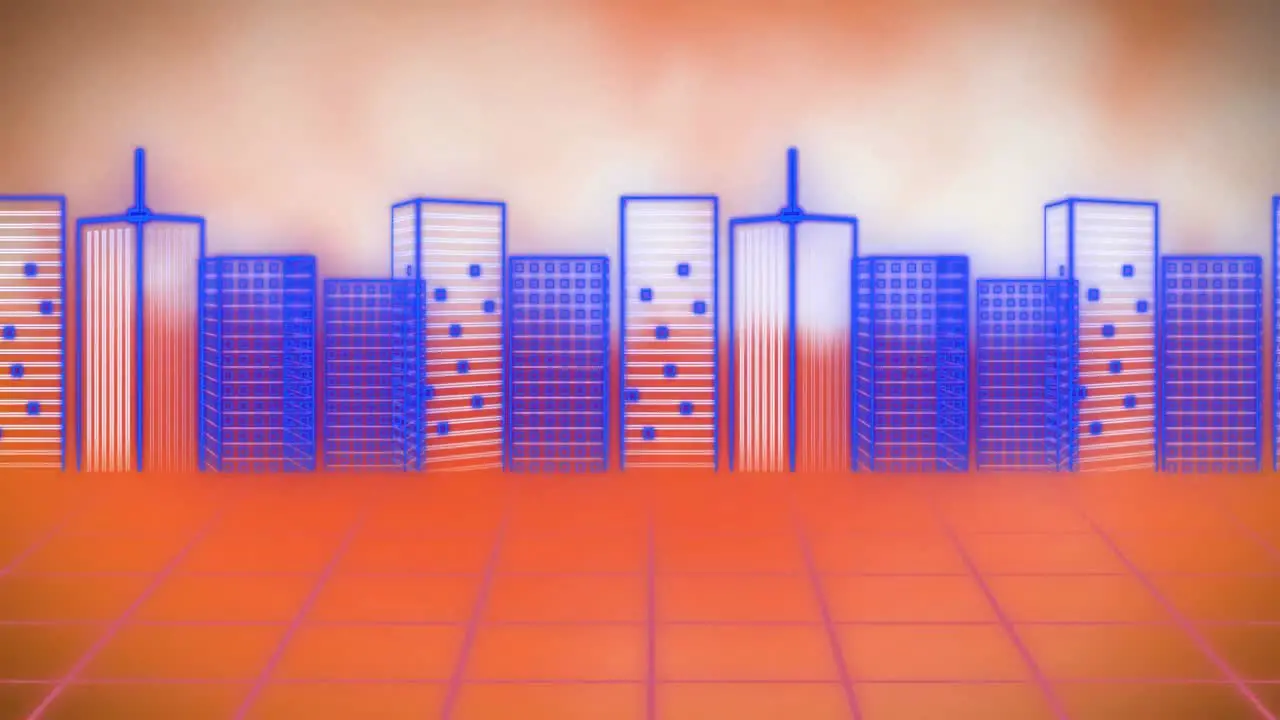 Digital animation of moving grid network against cityscape on orange background