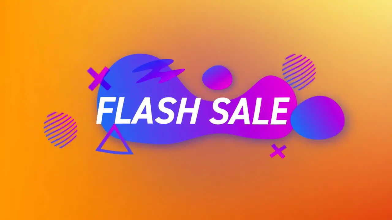 Animation of flash sale text over purple splashes on orange background