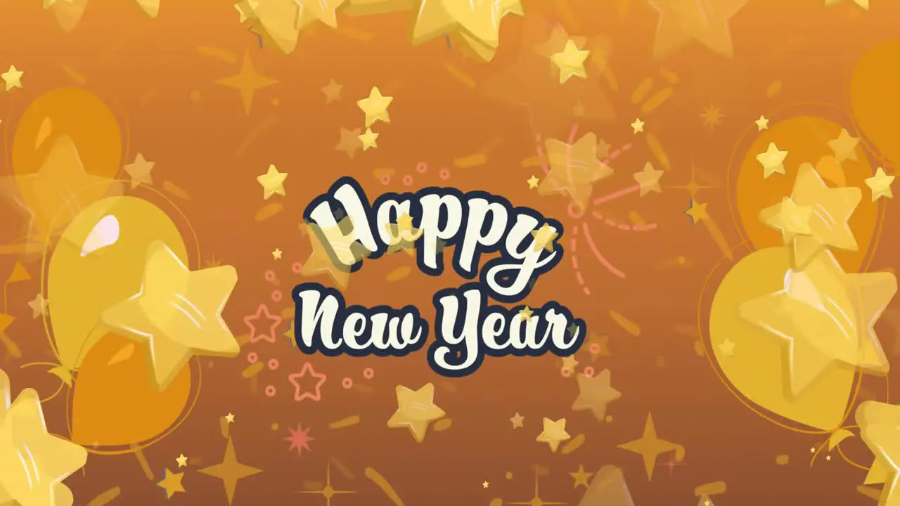 Animation of happy new year text with yellow stars and balloons on orange background