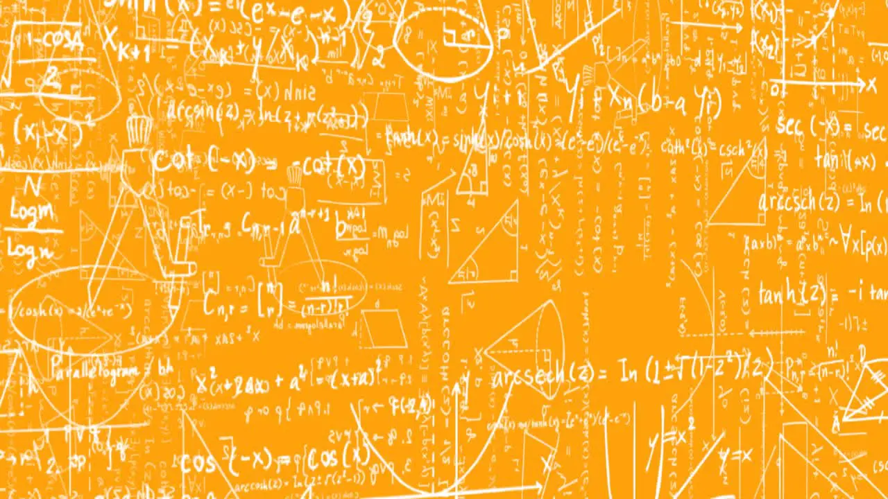 Animation of chemistry test tubes over mathematical equations on orange background