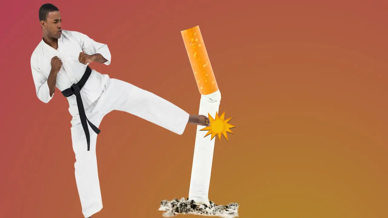 Animation of african american karate man kicking cigarette over orange background