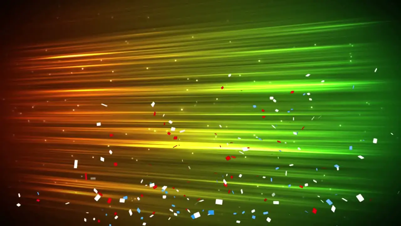 Animation of confetti falling over glowing green to orange light trails in background