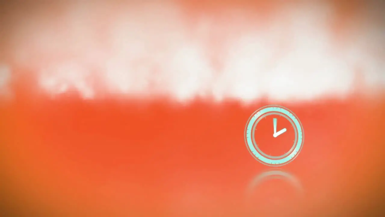 Digital animation of neon digital clock ticking over smoke effect against orange background