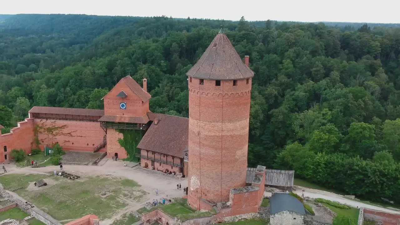 Aerial shot focus on the main tower of Turaida´s Castle in Latvia