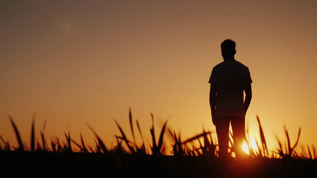 A Young Man Stands In One Field And Looks At The Sunset