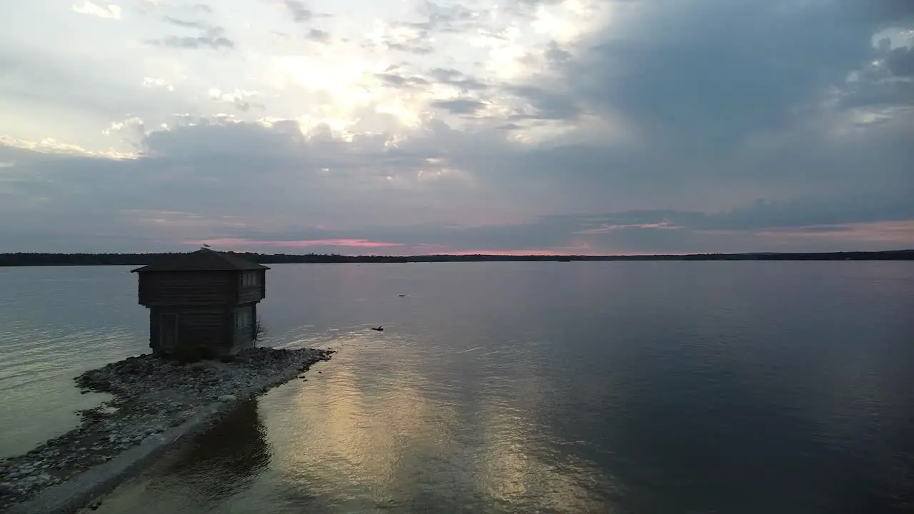 Lake Blockhouse Summer Sunset Aerial Shot