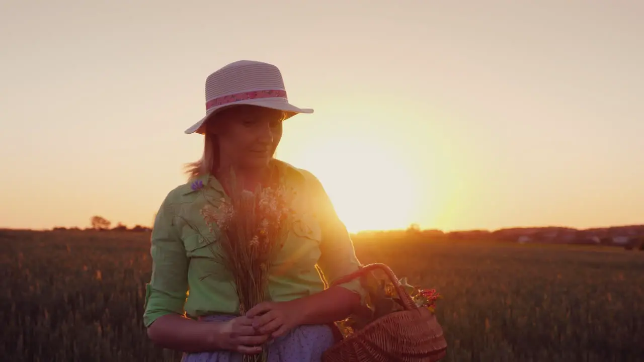 Woman In A Hat With A Bouquet Of Wild Flowers Walking Around The Field At Sunset 4K Video