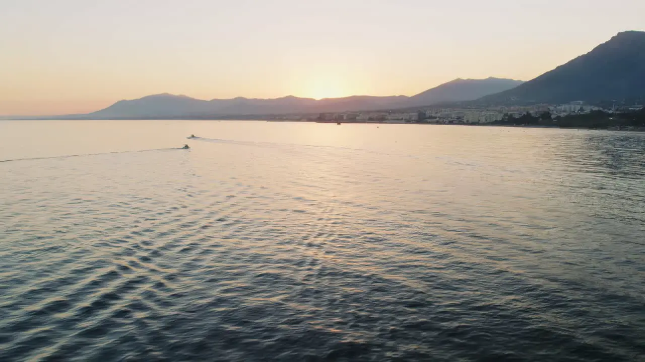 Aerial view during sunset over the bay of Marbella Spain