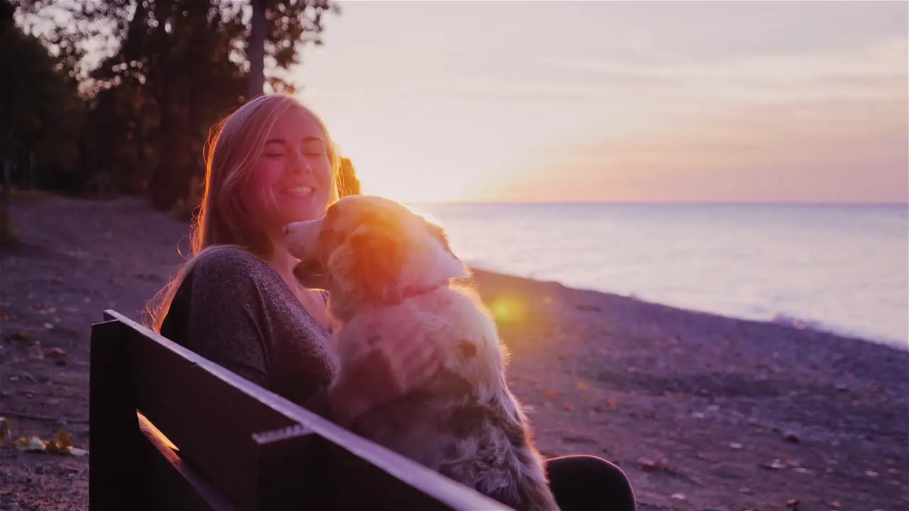 A woman rests with a dog sitting on a bench against the backdrop of a beautiful sunset over Lake Ontario 2